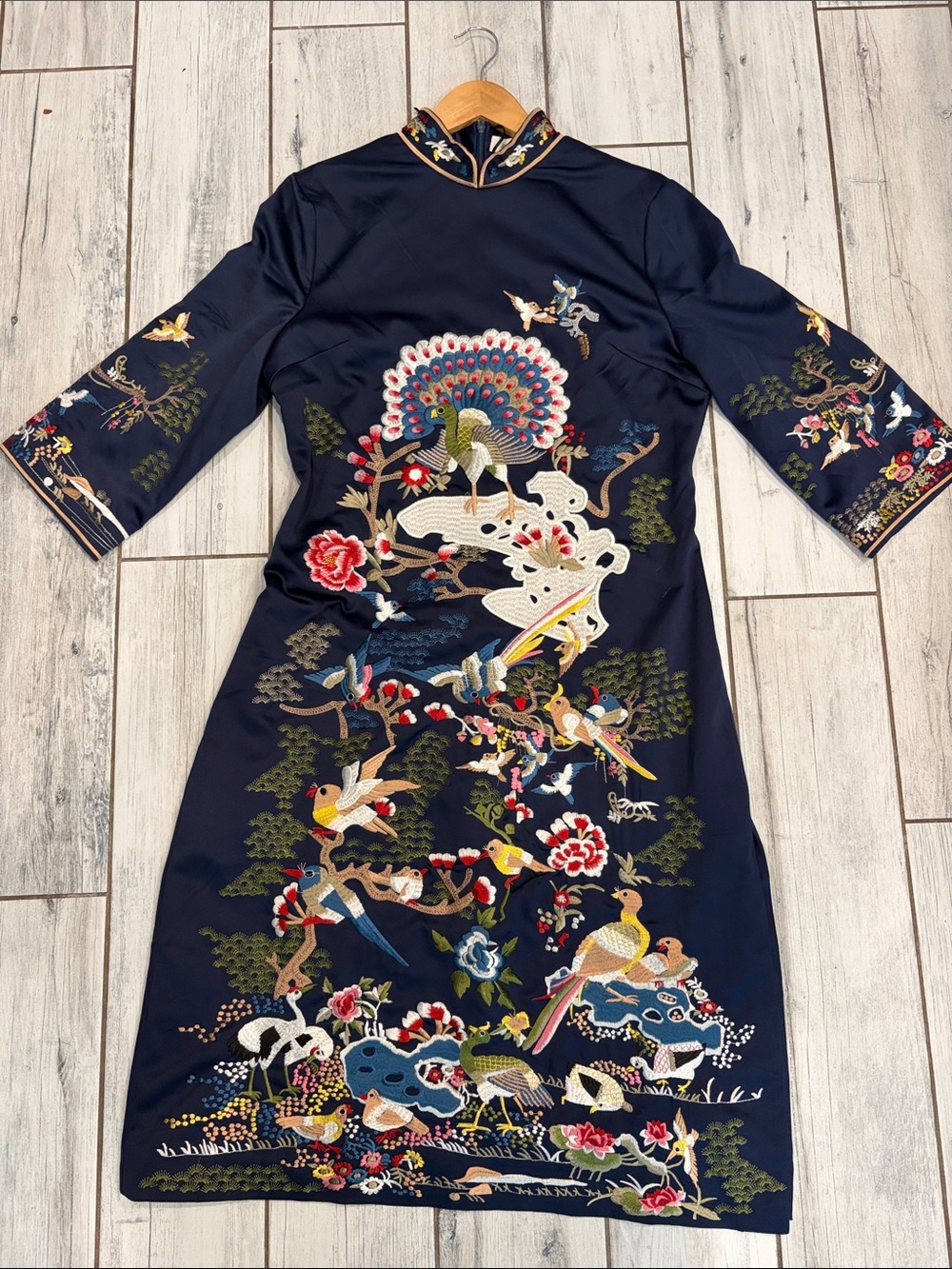 Vintage Blue Sky Navy Midi asian Dress with Multicolor Embroidered Peacock